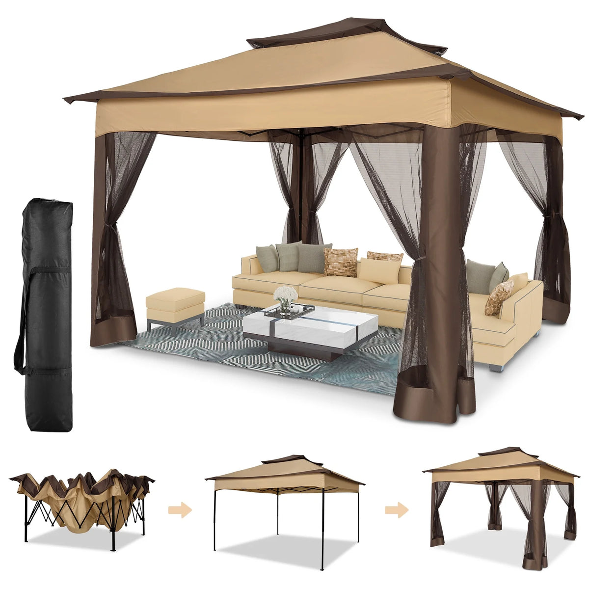 COBIZI 12x12 Outdoor Gazebo Pop Up Gazebo Canopy with Mosquito Netting Patio Tent Backyard Canopy with 2-Tiered Vented Top 3 Adjustable Height, Beige