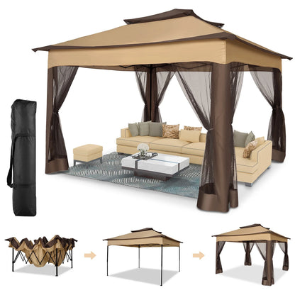 COBIZI 12x12 Outdoor Gazebo Pop Up Gazebo Canopy with Mosquito Netting Patio Tent Backyard Canopy with 2-Tiered Vented Top 3 Adjustable Height, Beige