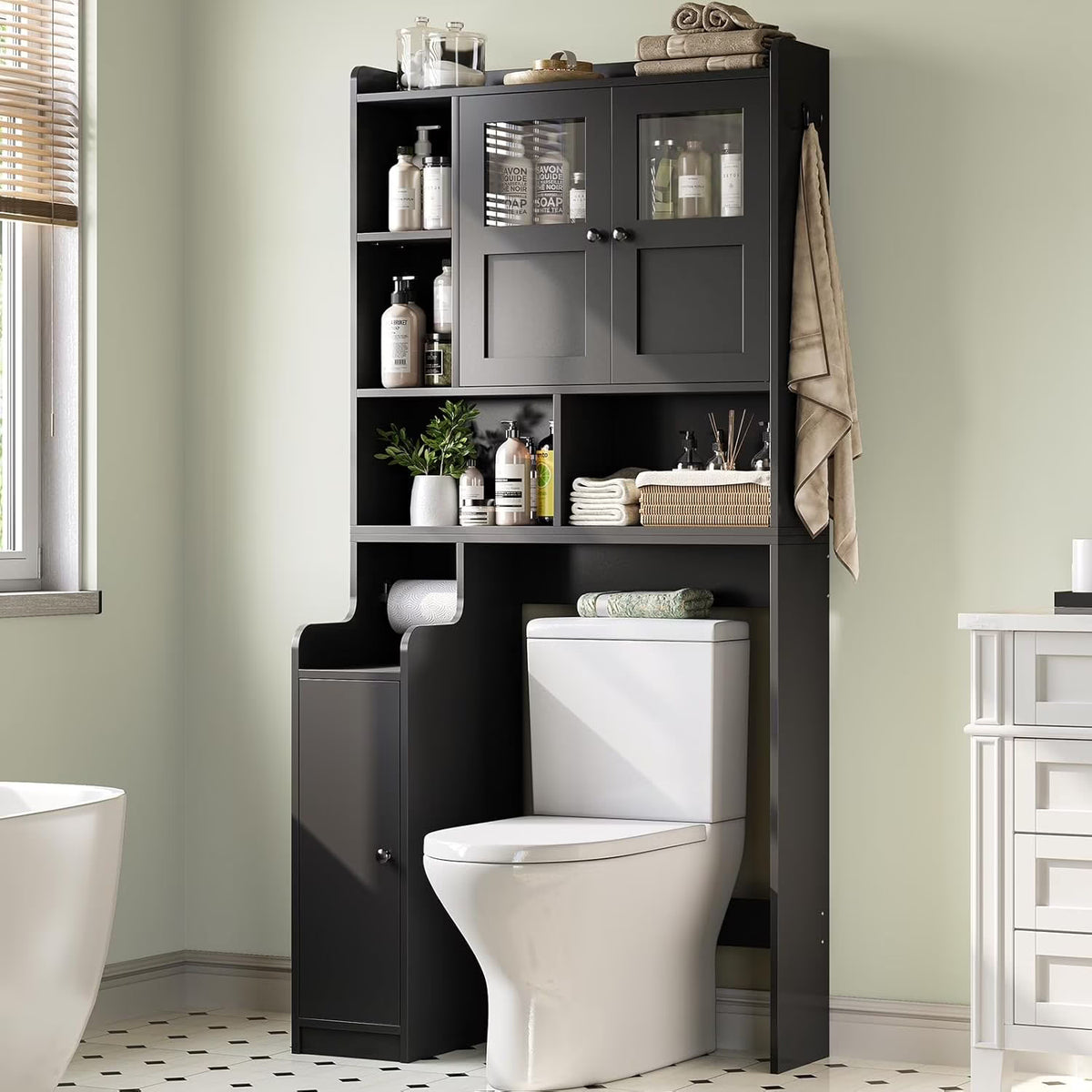 Over The Toilet Storage Cabinet with 3 Doors, Farmhouse Space Saver for Bathroom Organizer with Paper Holder, 10 Shelves and Hooks, 7-Tier Over Washing Machine Cabinet for Laundry, Bathroom, Natural