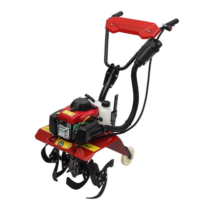 63cc Air-Cooled Gas Power Garden Tiller Cultivator Equipment 4-Stroke Portable Gas Tiller Yard Plant Farm Tilling Tool 1600W 9000RPM