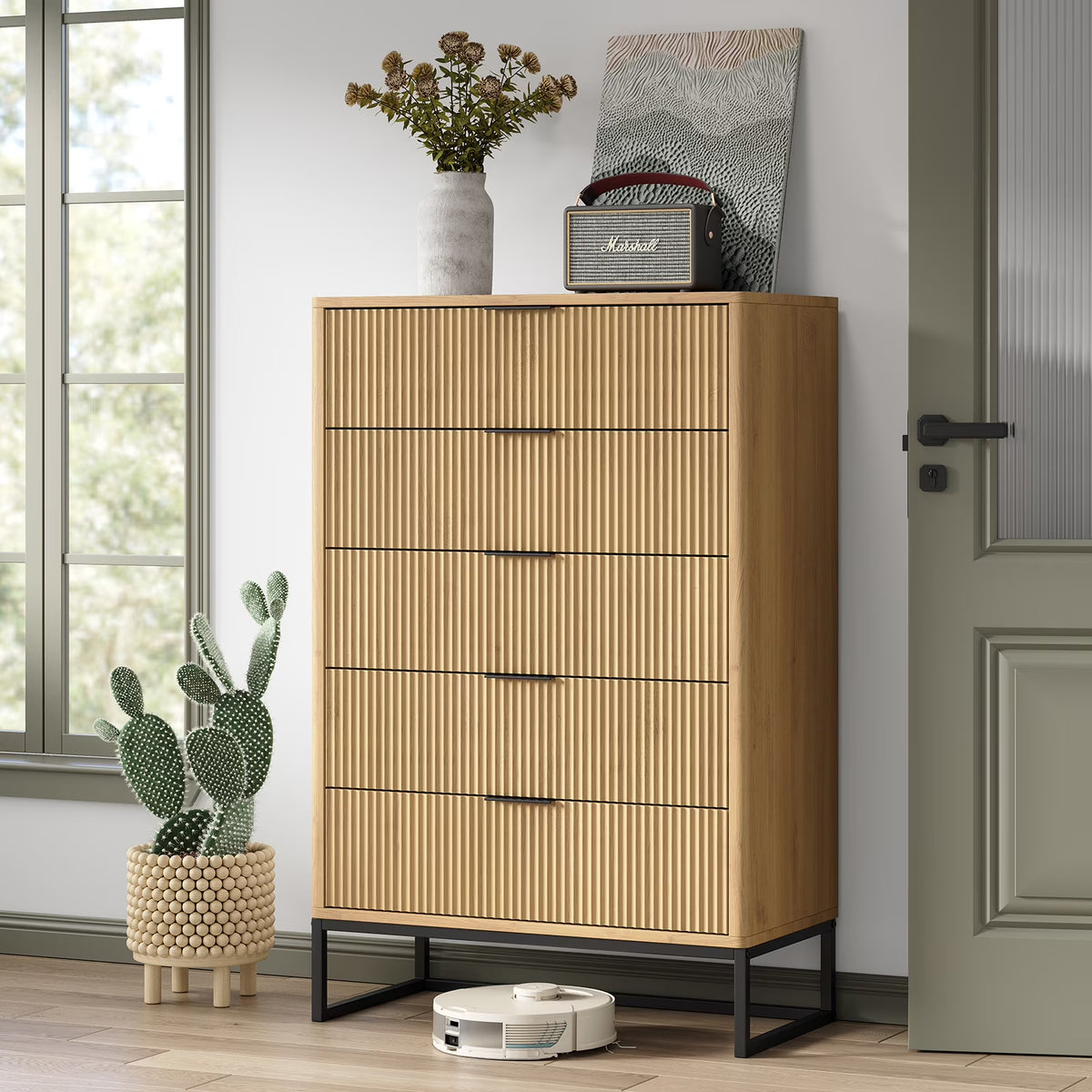 Furnihold 6 Drawer Rattan Dresser for Bedroom, Wooden Dresser Chest of Drawers, Storage Organizer for Closet, Beside Table for Living Room, Entryway