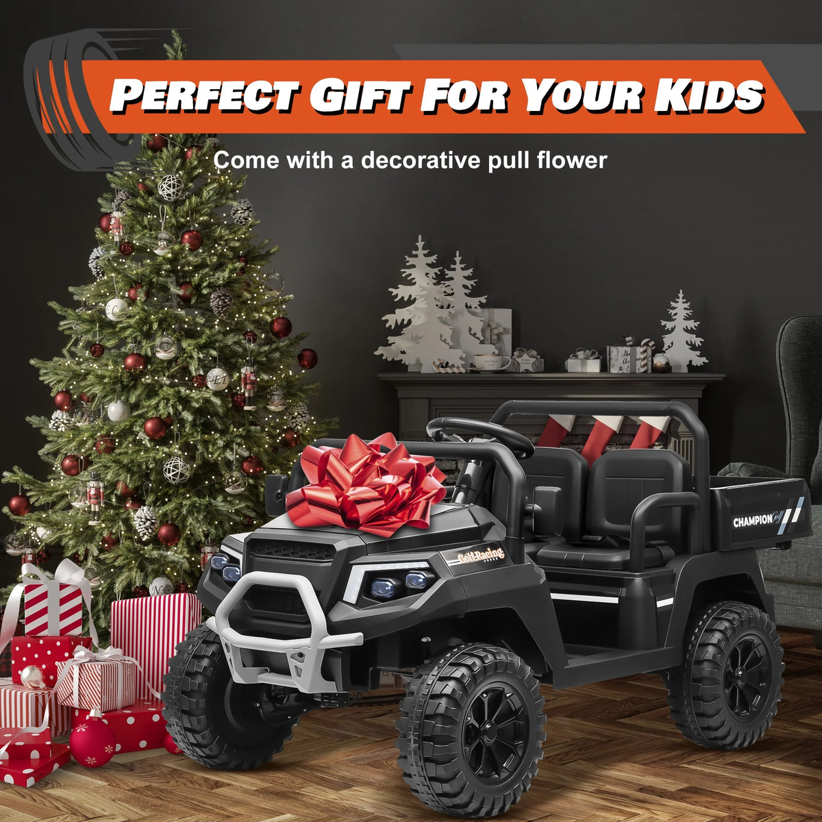 Joyracer 4WD 24 Volt Ride on Toys UTV with 2 Seater & Remote Control, Kids Electric Golf Cart w/ 4x200W Power Motors, Tiltable Trailer & Shovel, 4 Wheels Spring Suspension, Bluetooth USB Music, Black