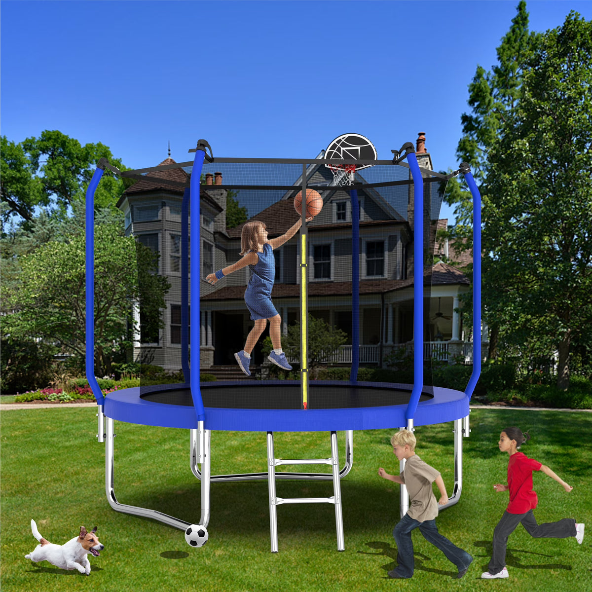 Yoneston 10FT Outdoor Trampoline with Basketball Hoop, 880LBS Heavy Duty Reinforced Trampoline with Safety Enclosure Net and Ladder for Kids Teens Playing Gift, Blue
