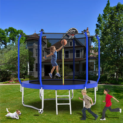 Yoneston 10FT Outdoor Trampoline with Basketball Hoop, 880LBS Heavy Duty Reinforced Trampoline with Safety Enclosure Net and Ladder for Kids Teens Playing Gift, Blue