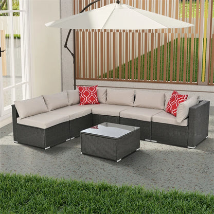 7 Pieces Outdoor Patio Furniture Set, Outdoor Sectional Rattan Sofa, PE Manual Weaving Wicker Patio Conversation Set with Cushion, Glass Table, Pillow, Dark Gray
