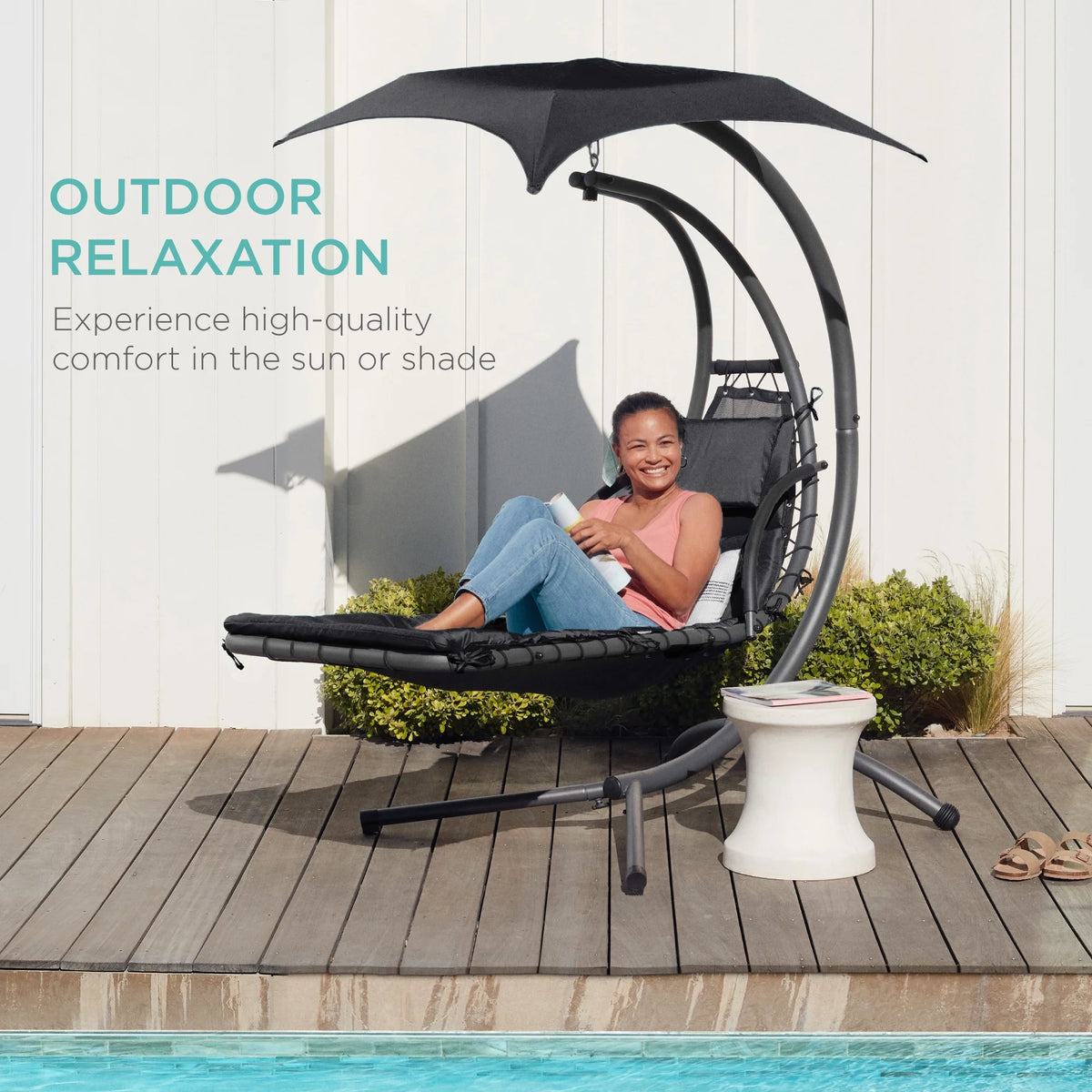 Best Choice Products Hanging Curved Chaise Lounge Chair Swing for Backyard, Patio w/ Pillow, Shade, Stand - Teal