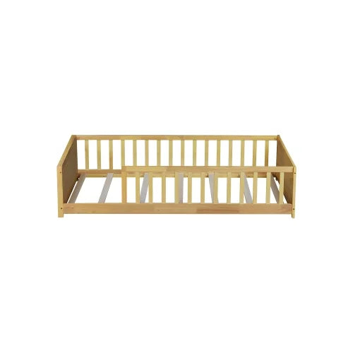 Bellemave Twin Size Floor Bed with Fence, Montessori Floor Twin Bed with Built-in Book Rack, Solid Wood Twin Bed with Slats and Safety Guardrails, Natural