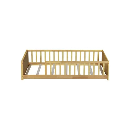 Bellemave Twin Size Floor Bed with Fence, Montessori Floor Twin Bed with Built-in Book Rack, Solid Wood Twin Bed with Slats and Safety Guardrails, Natural