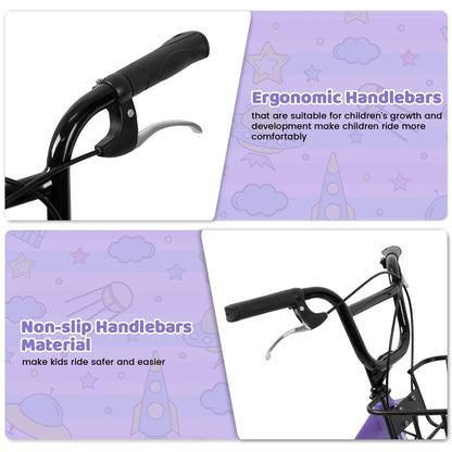20 Inch Kids Bike for Boys Girls, 1 Speed Children Bicycle with Basket, Rear Seat, Chain Guard, Coaster Brake and V-Brake, Steel Frame Kids Bike for Ages 6-12 Years Old Birthday Gift, Purple