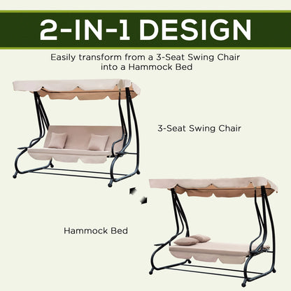 Outsunny 3-Seat Steel Outdoor Canopy Porch Swing with Cushions and Pillows, Light Brown