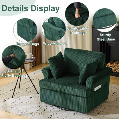 Ktaxon Swivel Accent Chair, 360-Degree Rotation Reading Chair, Corduroy Fabric Sofa with Armrest Pockets, Solid Metal Base, Perfect for Living Room Bedroom Black
