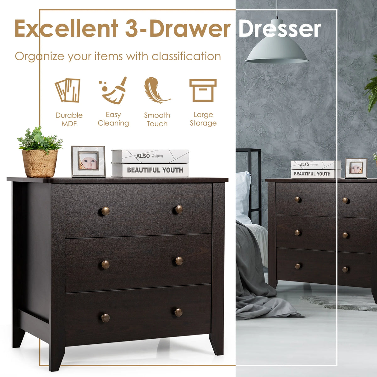 Gymax 3 Drawer Dresser Chest of Drawers Bedside Table for Living Room Bedroom Espresso