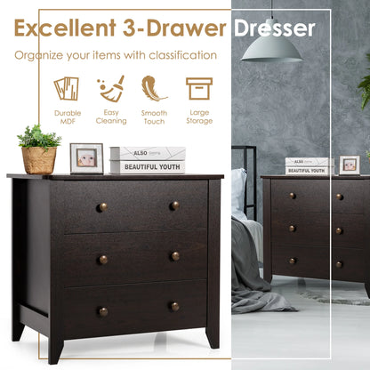 Gymax 3 Drawer Dresser Chest of Drawers Bedside Table for Living Room Bedroom Espresso