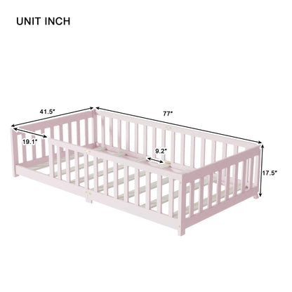 Miniyam Wooden Twin Size Floor Bed with Safety Fence for Kids, Natural