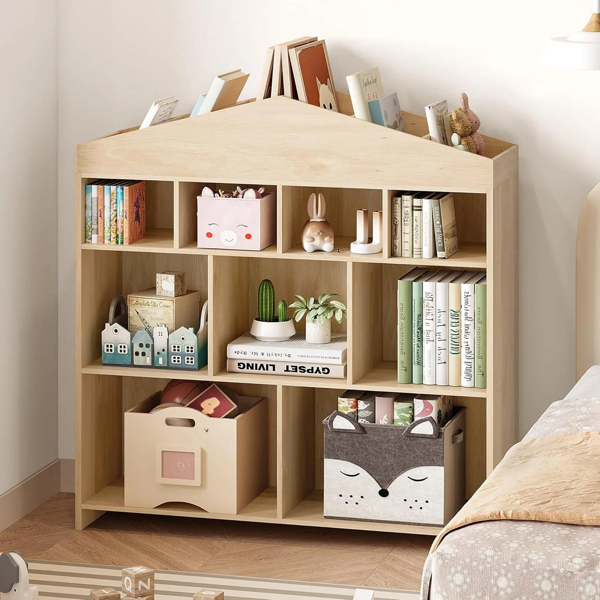 DSstyles Kids Bookshelf 9-Cubby Toy Storage Organizer White Bookcase Toddlers Playhouse Cabinet Shelf for Boys Girls Wooden Storage Toy Shelf for Playroom, Nursery, Kids Room