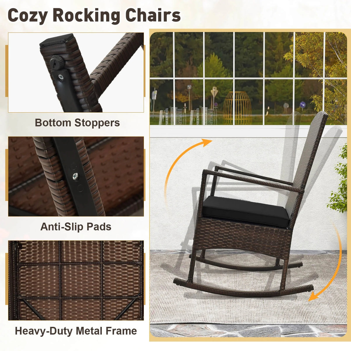 Costway Serenity 3 Piece Patio Rocking Wicker Rockers with White Cushions 2 Tier Coffee Table