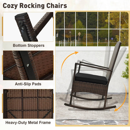 Costway Serenity 3 Piece Patio Rocking Wicker Rockers with White Cushions 2 Tier Coffee Table