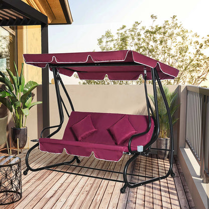 Outsunny 3-Seat Steel Outdoor Canopy Porch Swing with Cushions and Pillows, Light Brown