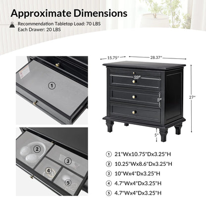 Farmhouse 3 Drawers Nightstand with Tray Bedside Table with Charging Station Acorn