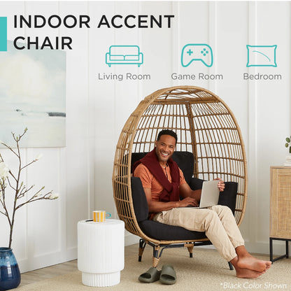 Best Choice Products Wicker Egg Chair Oversized Indoor Outdoor Patio Lounger w/ Steel Frame, 440lb Capacity - Black