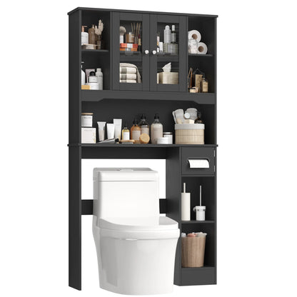 Homfa Over The Toilet Storage Cabinet with Toilet Paper Holder Stand, Above Toilet Organizer with Glass Doors, Behind Toilet Shelf for Restroom, Bathroom, Laundry, White