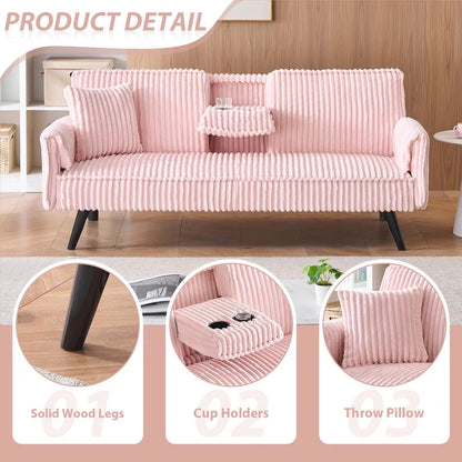FFH Modern Corduroy Futon Sofa Bed with Adjustable Backrest,Convertible Loveseat Sleeper,Soft Couch with Drop-Down Table and Cup Holder for Living room,Pink