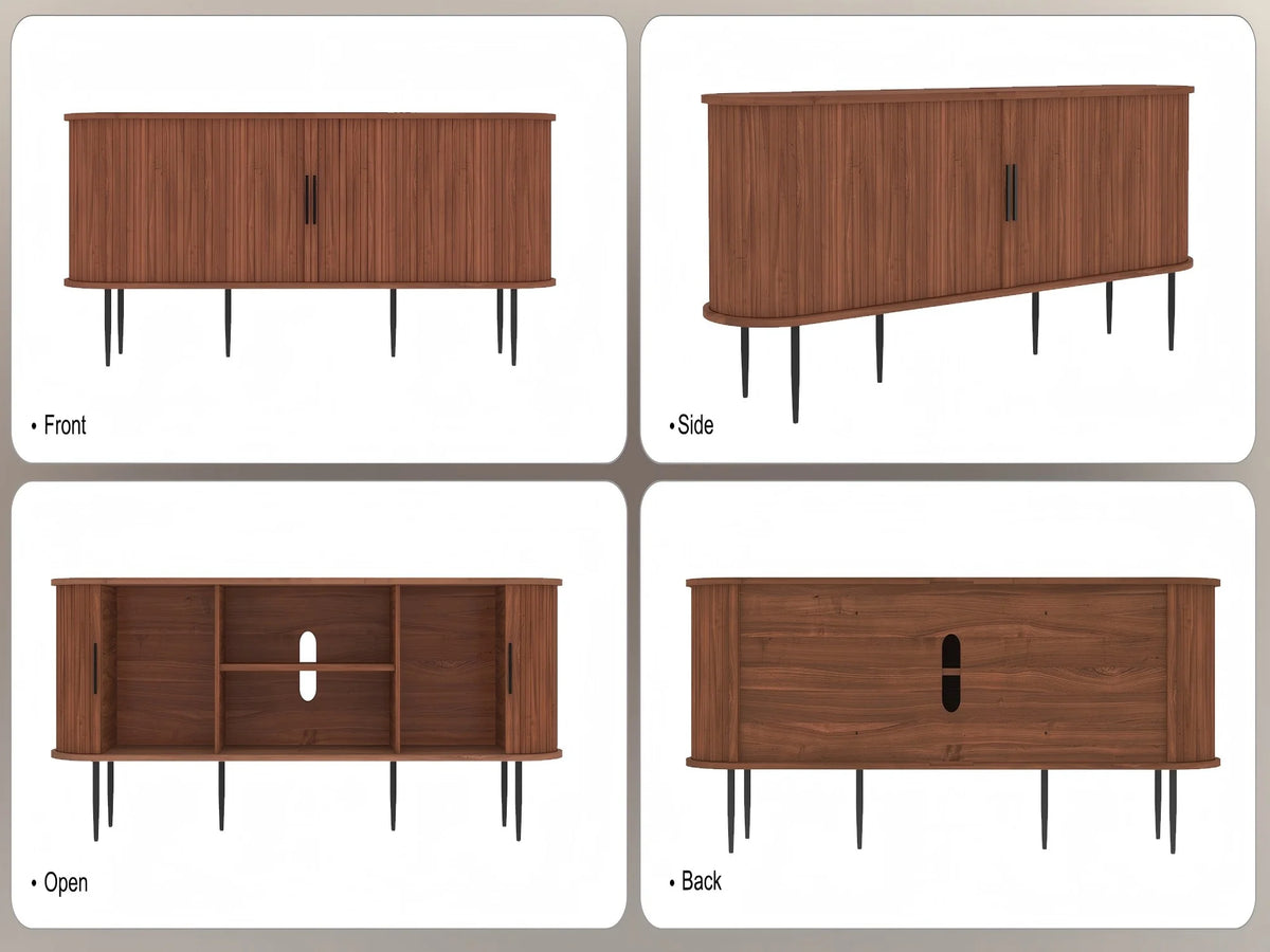 HLR 70" Mid Century TV Stand With Tambour Door For TVs Up To 80", Entertainment Center With Storage, Brown