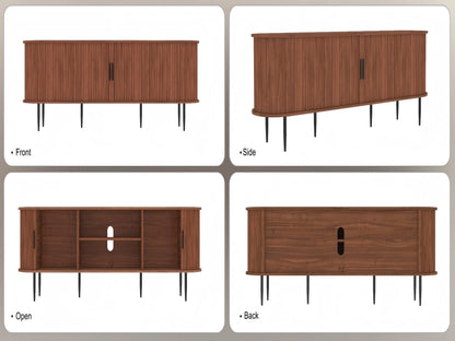 HLR 70" Mid Century TV Stand With Tambour Door For TVs Up To 80", Entertainment Center With Storage, Brown