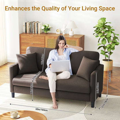 Loveseat Sofa,65" Comfy Teddy Fleece Love Seat Couch,Neche Extra Deep Seats Sofas,Tool-Free Setup Couch with 2 Pillows for Living Room,Coffee Brown