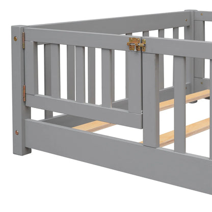 Twin Size Floor Bed Frame, Solid Wood Platform Bed Frame with Safety Fence & Small Door, Montessori Floor Bed with Slats Support for Boys Girls, No Box Spring Needed, Grey