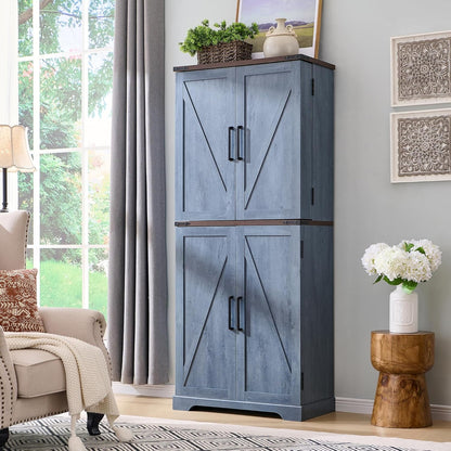 47" Kitchen Pantry, Farmhouse Storage Cabinet with Barn Doors, Organizer and Adjustable Shelves, Rustic Wood Cupboard for Kitchen, Dining Room, Bathroom and Hallway, Black