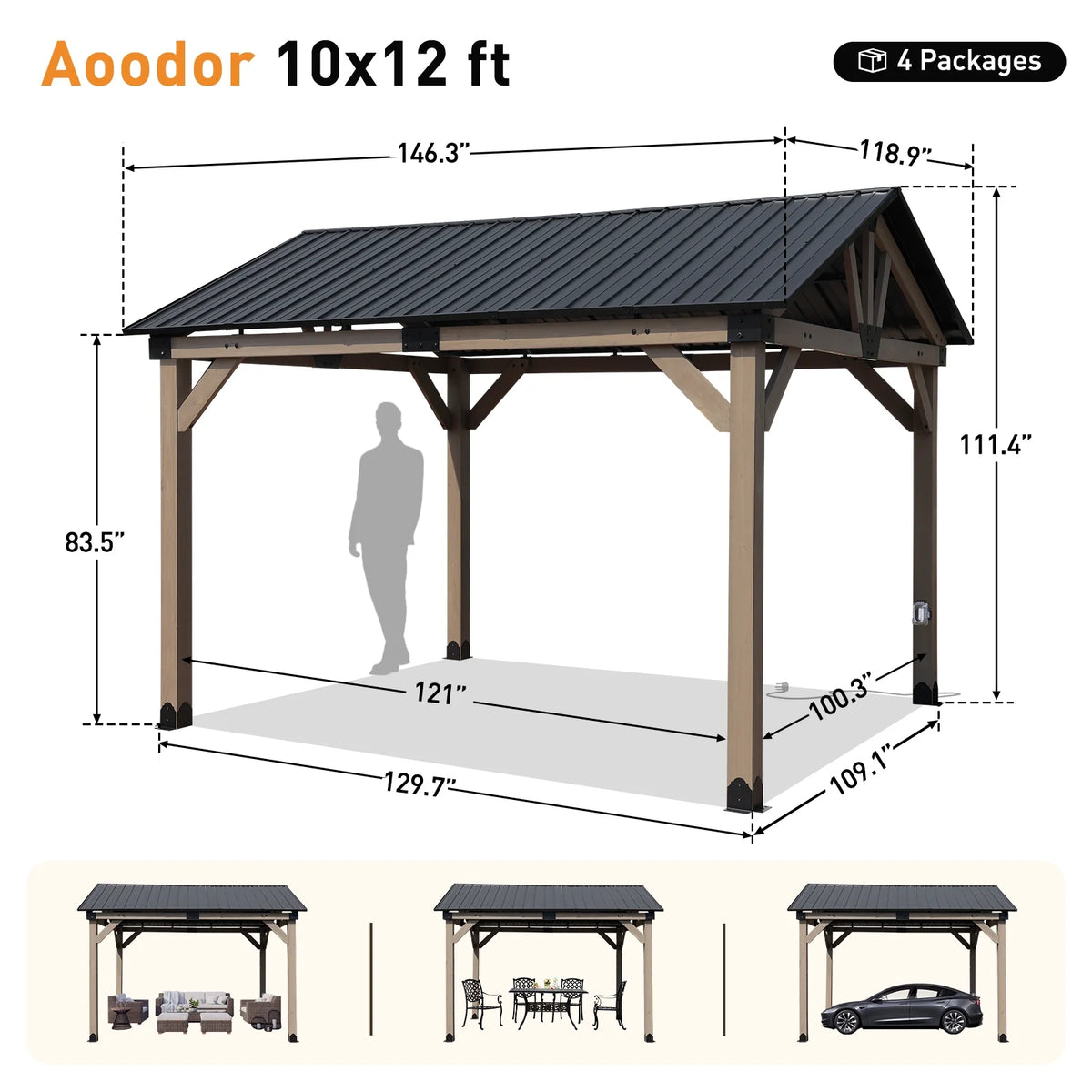 Aoodor 10 x 12 ft Wooden Frame Gazebo with 2-Tier Galvanized Metal Hardtop Roof, Outdoor Patio Gazebo with Charging Socket for Patio, Backyard, Deck, and Lawn