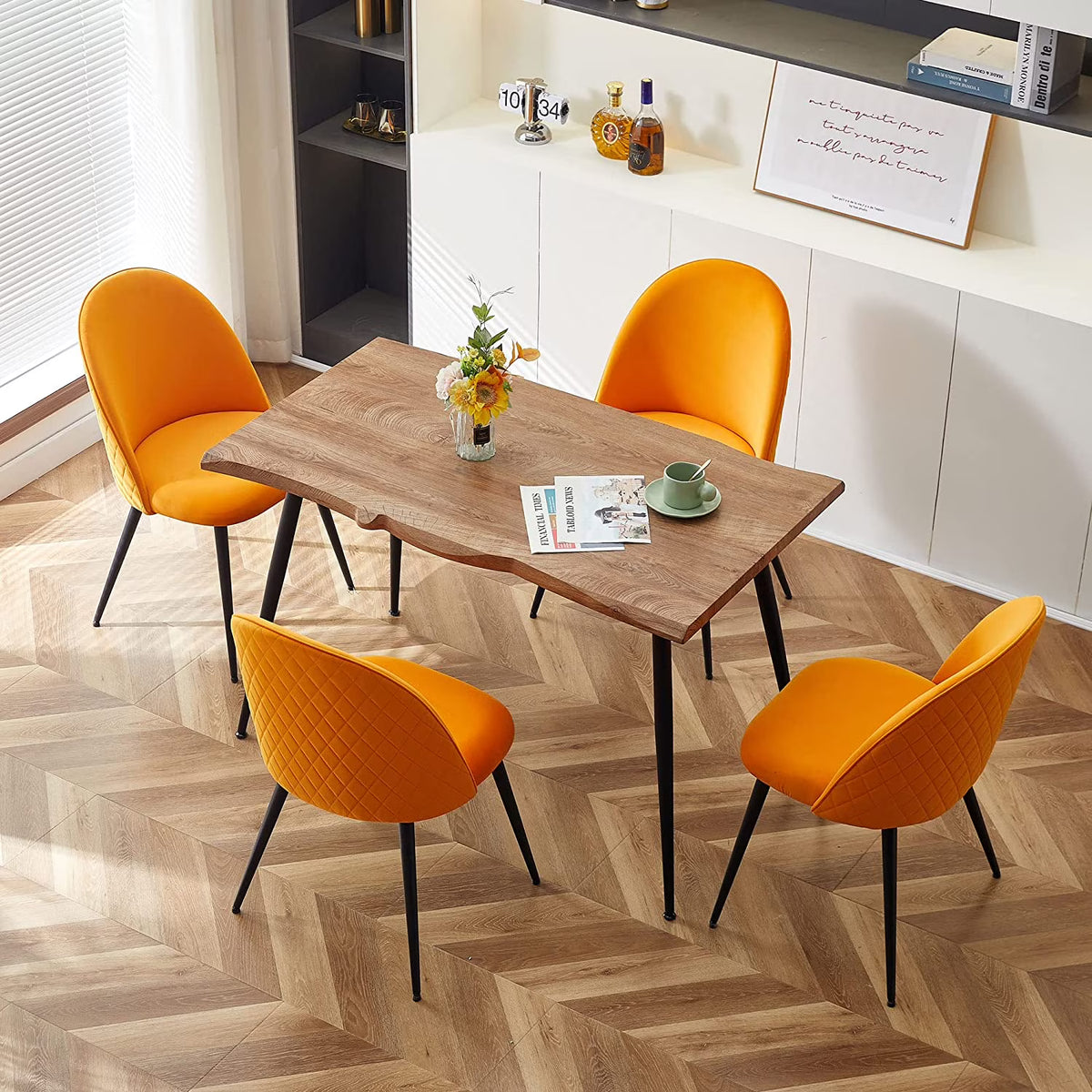 NORDICANA Dining Table Set for 4,Stylish Table with Strong Metal Legs & Modern Dining Chair Armlss Beautiful Home Chair Indoor Velvet Accent Chair with High Back Design,Perfect for Dining Room