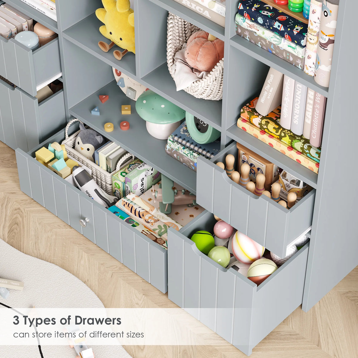 Homfa Kids Toy Storage Organizer with Cubby, Kids Toy Storage Chest with Removable Drawers, Kids Bookcase for Playroom Bedroom Living Room, Gray