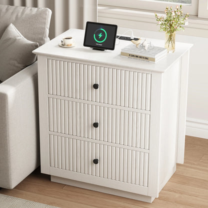 IDEALSOUL Nightstand Set of 2, 24" Wide End Table with Storage, Fluted Nightstand with USB Charging Station, Large 3 Drawers nightstand for Bedroom Living Room(2pc, White)