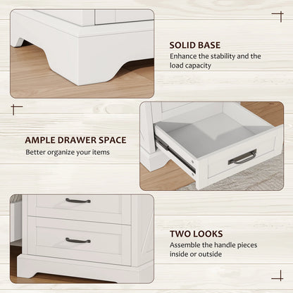 Farmhouse Nightstand Set of 2, 22 inch Side Table with Charging Station for Bedroom, 2PCS, White
