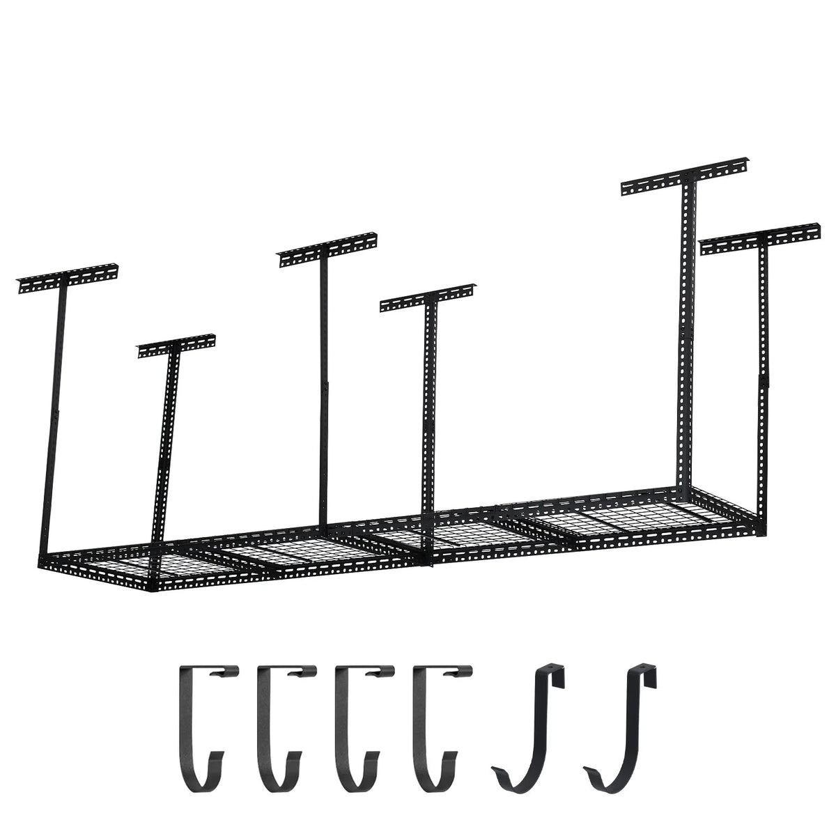 Overhead Garage Storage Rack - Heavy Duty 300kg Capacity, Adjustable 56-100cm Height, 180x120cm Black Steel Shelving with Hooks for Garage Organization