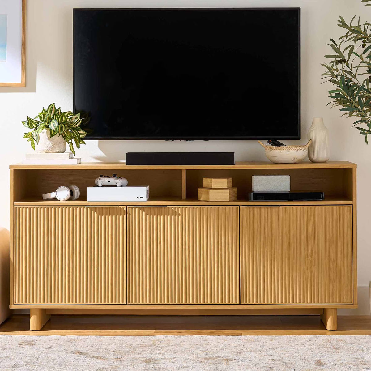 Better Homes & Gardens Lillian Fluted TV Stand for TVs up to 70", Natural Pine Finish