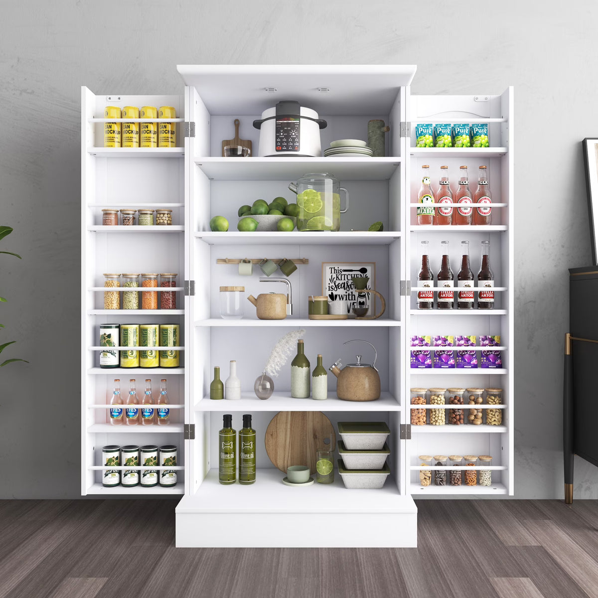 47 Kitchen Pantry Cabinet, White Buffet Cupboards Sideboard with Doors & Adjustable Shelves, Kitchen