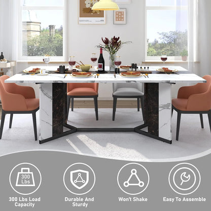 71 inch Large Rectangular Dining Table for 6-8 People, Dining Table with Marble-Color Wood Waterproof Tabletop and Adjustable Leg, 6ft Luxurious Family Dinner Table for Office Kitchen Living Room