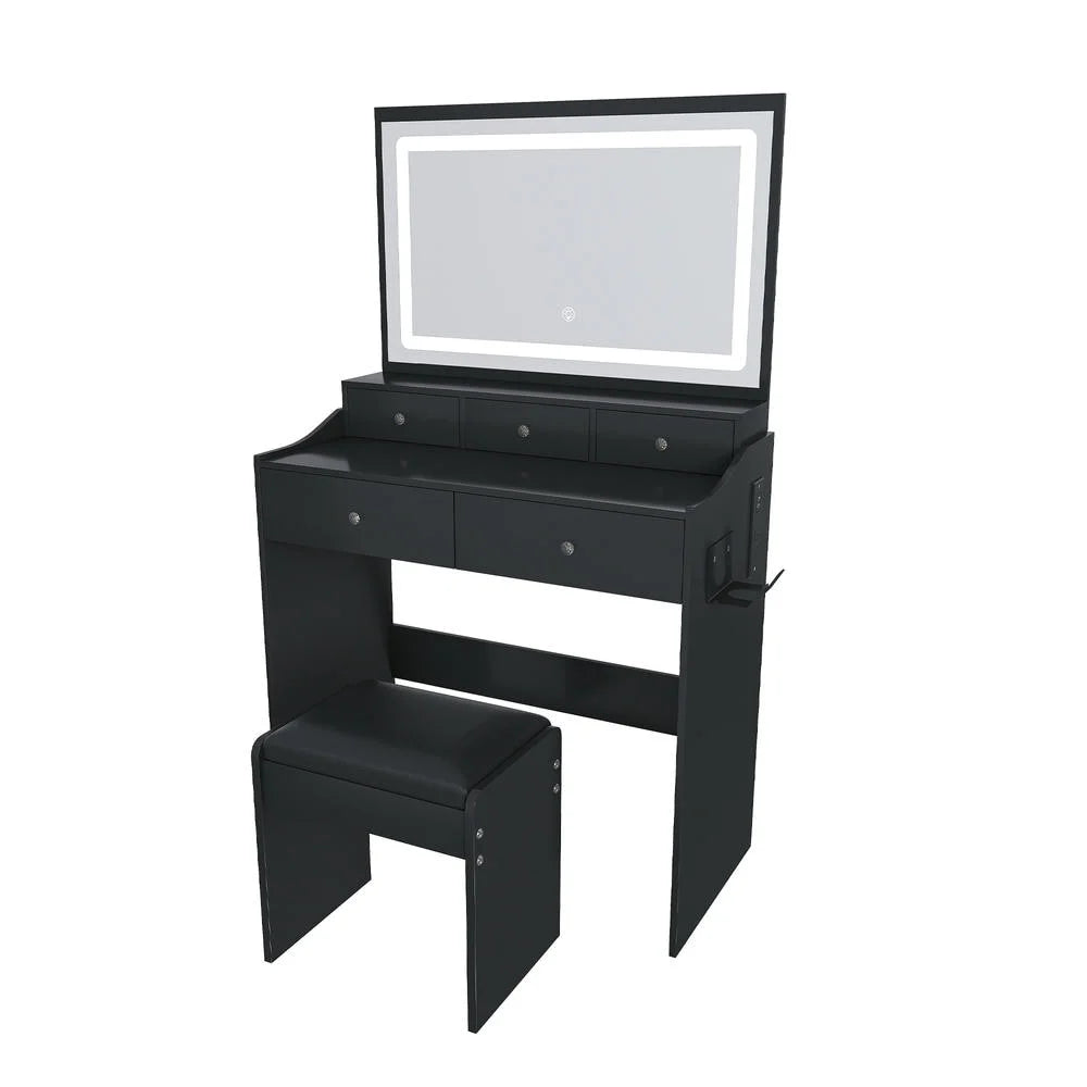 Kadyn Vanity Desk with Lighted Mirror, Vanity Table and Chair Set with 2 Drawers, Dressing Table Makeup Desk with 1 Door, Retro Gray