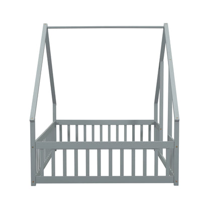 Bellemave Twin Size Floor Bed Frame, Wooden House Bed Twin Size with Fence, Montessori Bed with Guardrails for Bedroom (White)