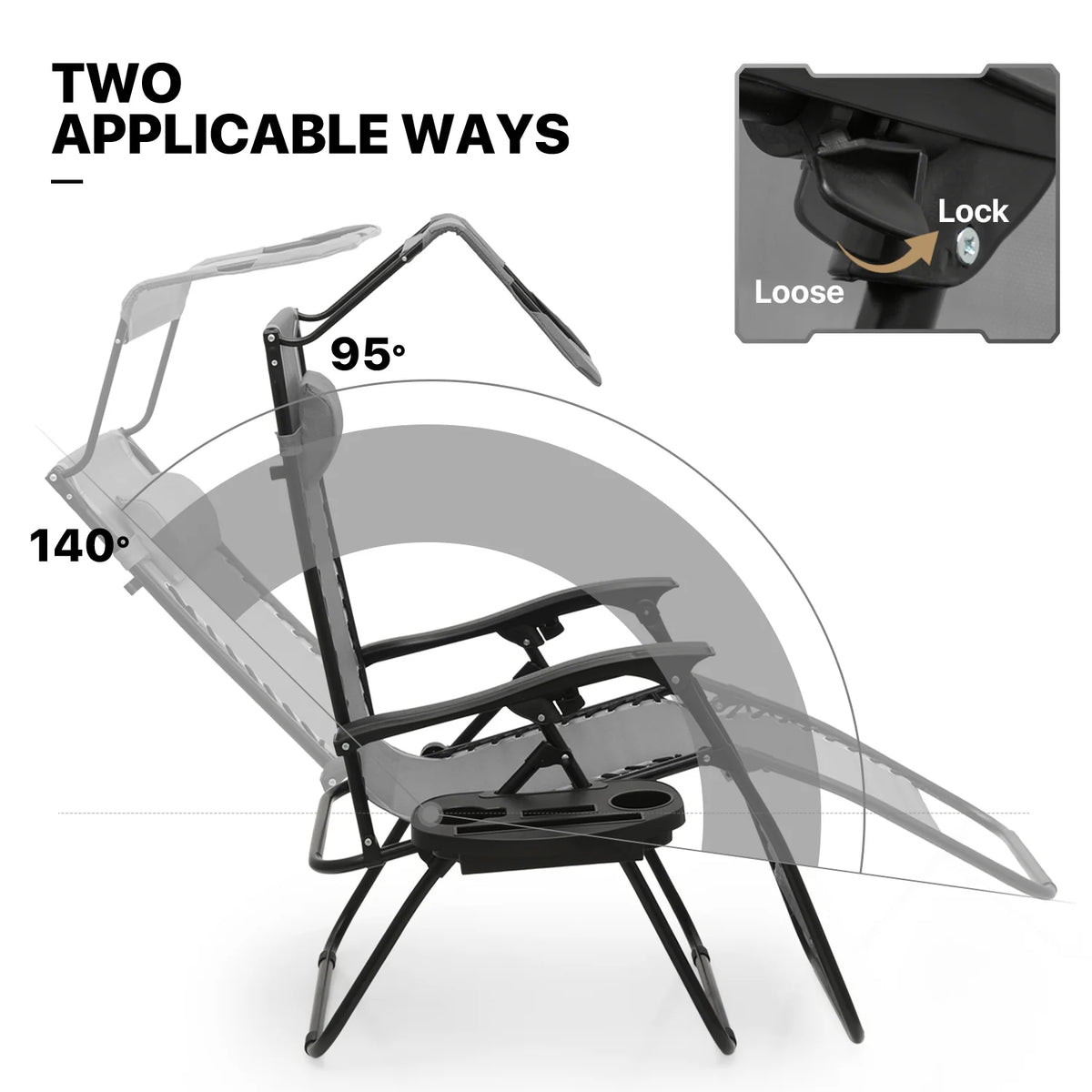 MoNiBloom Zero Gravity Chairs Set of 2, Folding Outdoor Patio Beach Recliner with Canopy Shade & Headrest, Black