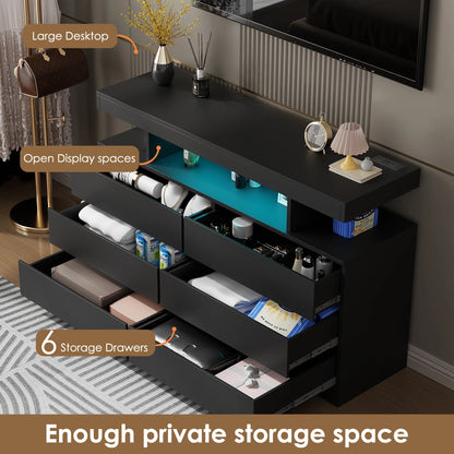 BEWISHOME Black 6-Drawer Dresser with LED Lights & Charging Station �C Modern Wood Storage Cabinet with Open Shelge Cabinet with Open Shelf, USB Ports & Outlets �C 47.24" Bedroom & Living Room TV Stand