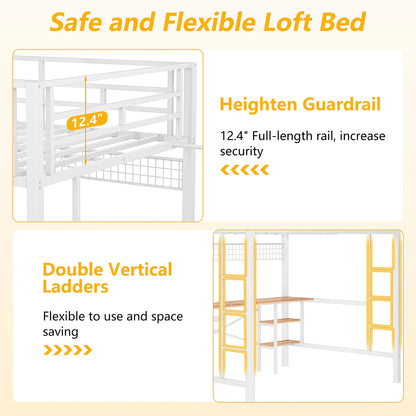 Twin Loft Bed with Desk, UHOMEPRO Metal Loft Bed with LED Lights, Charge Station, DIY Mesh, Clothes Rail, 4 Storage Shelves, Safety Rails and 2 Ladders, Loft Bed for Teen Adult, Black