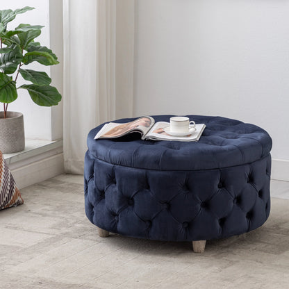 WestinTrends Wordford Round Velvet Tufted Storage Ottoman, Velvet Navy Blue