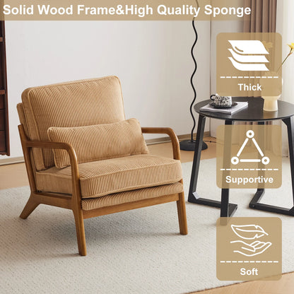Ktaxon Accent Chair Corduroy Upholstered Armchair, Reading Club Chair with Pillow and Solid Wood Frame for Living Room Bedroom Furniture Off White