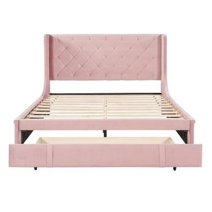Queen Bed Frame with Storage Drawer, Velvet Upholstered Storage Bed, Wood Platform Bed Frame with Wingback Headboard and a Big Drawer(Beige)