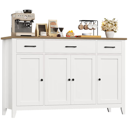 Hiphuta 55"Wide Buffet Cabinet with 2 Adjustable Shelves, Modern Farmhouse Coffee Bar with 3 Drawers and Sturdy Base for Living Room, White