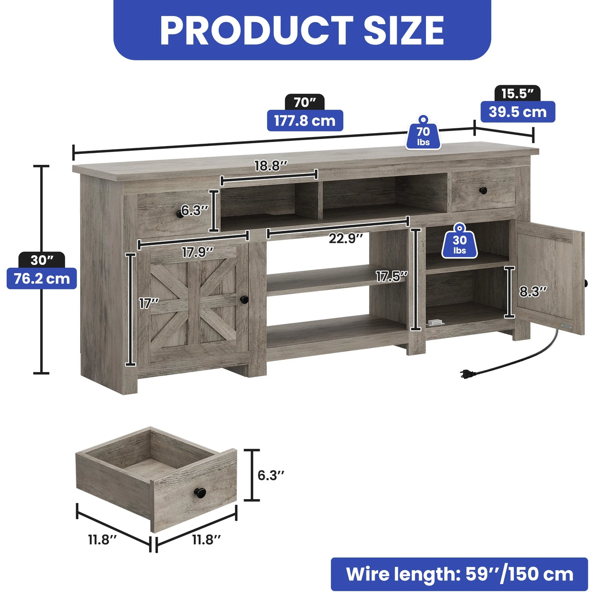 Uforic Farmhouse TV Stand for 75/80 Inch TV, Rustic Entertainment Center with Power Outlet, Storage Drawers, TV Console for Living Room, Oak